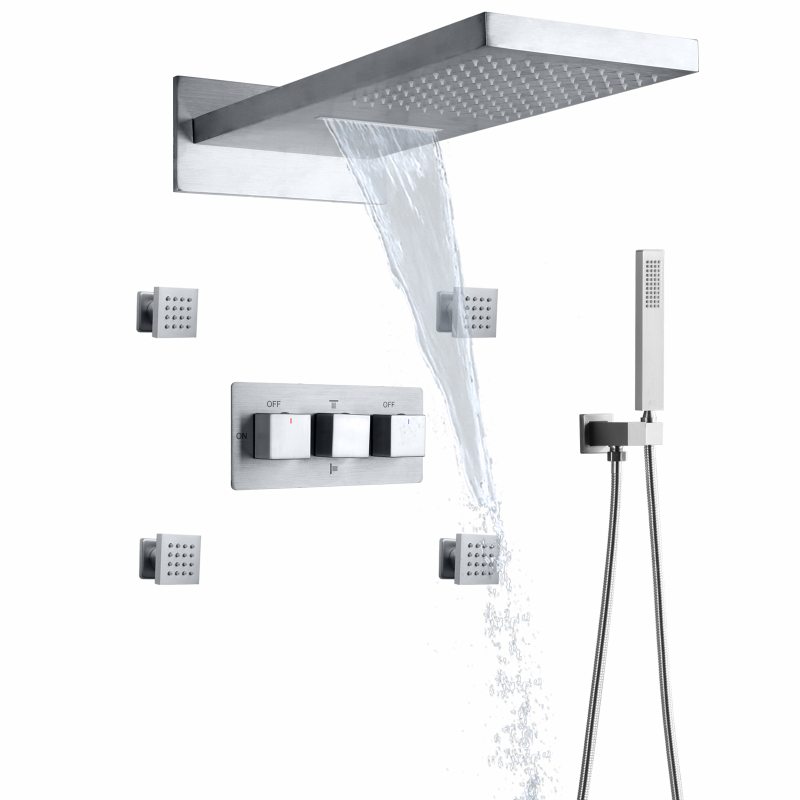 Níquel escovado 50X23 CM Sistema de chuveiro suspenso Torneira fria e quente Conjunto de chuvas Banheiro Cabeça de chuveiro com portátil