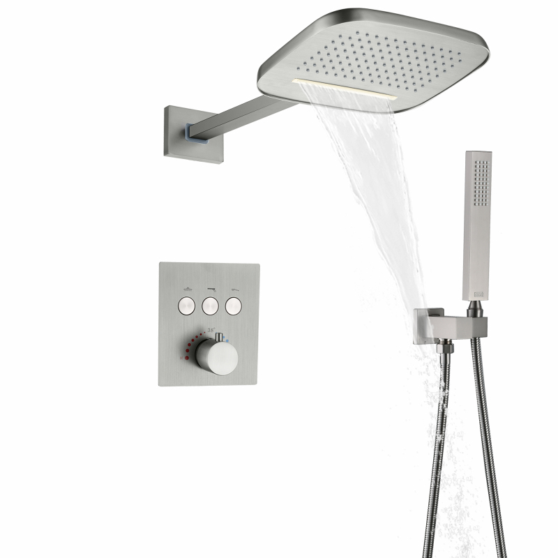 Torneira de chuveiro termostática de níquel escovado, sistema de chuveiro cascata para banheiro com cabeça de chuveiro hidrojato