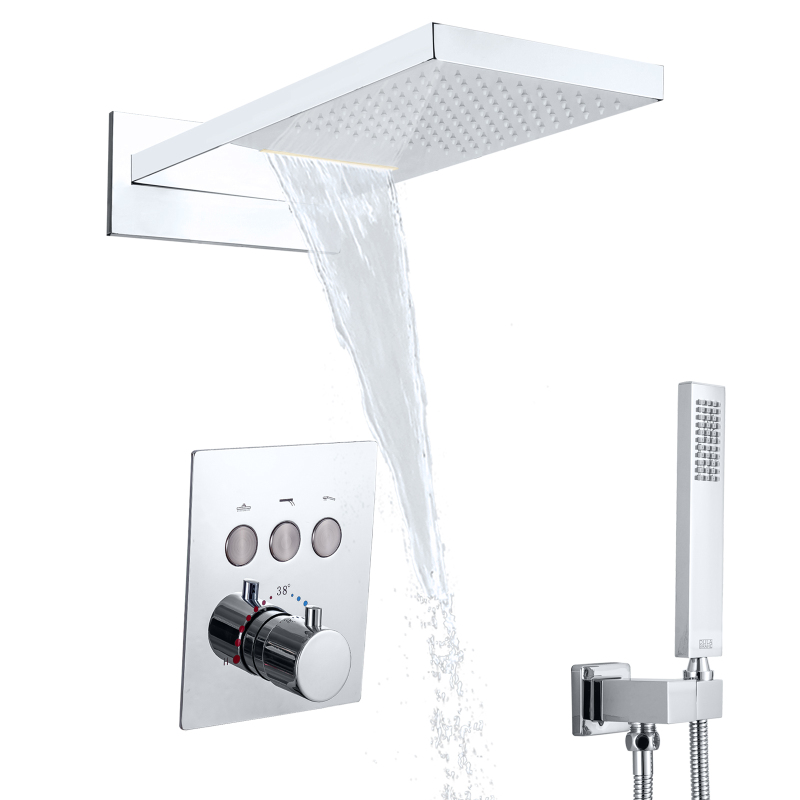 Conjunto de chuveiro termostático polido cromado, sistema de chuva em cascata para banheiro com chuveiro de mão e spa