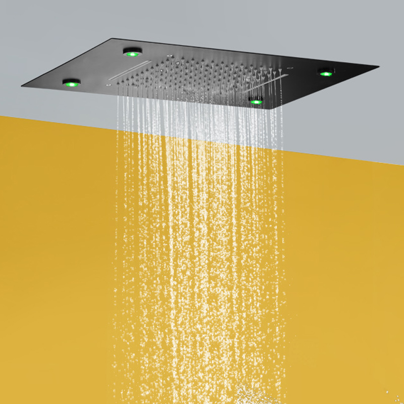 Cabeça de chuveiro preta fosca 50X36 CM LED Banheiro bifuncional cascata chuva com mudança de temperatura de 3 cores