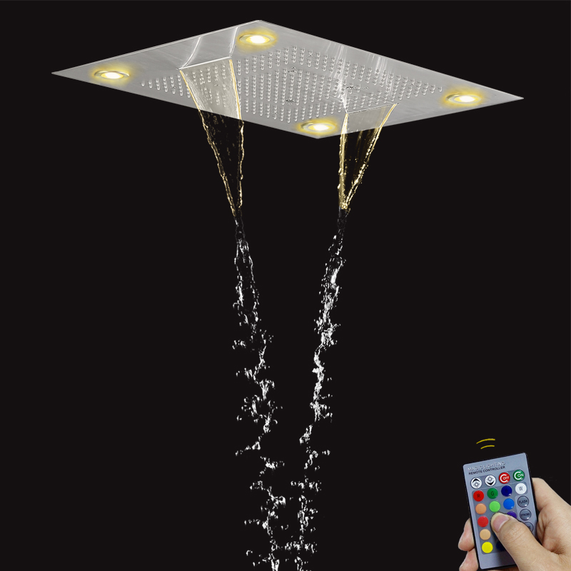 Torneira de chuveiro de banheiro de níquel escovado 80X60 CM com painel remoto de controle LED Cachoeira de chuveiro oculta de chuva