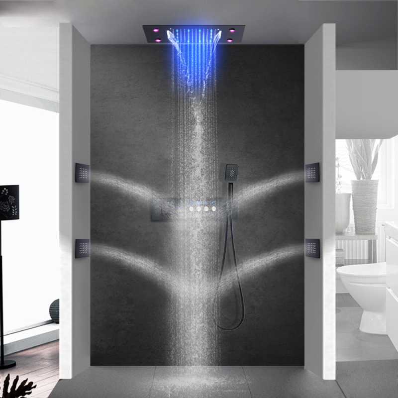 14*20 Polegada preto fosco led torneira do chuveiro de aço inoxidável termostática display digital sistema conjunto chuveiro do banheiro
