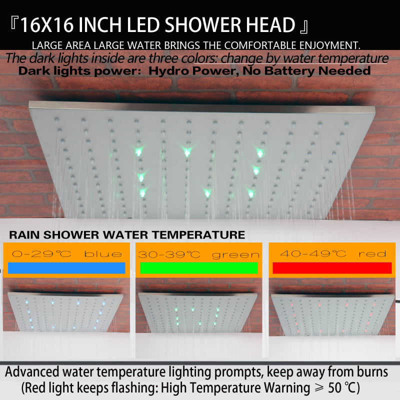 Conjunto de torneira de chuveiro termostática de níquel escovado, 16 polegadas, LED, banheiro, suporte de cabeça de chuveiro ajustável com bico portátil