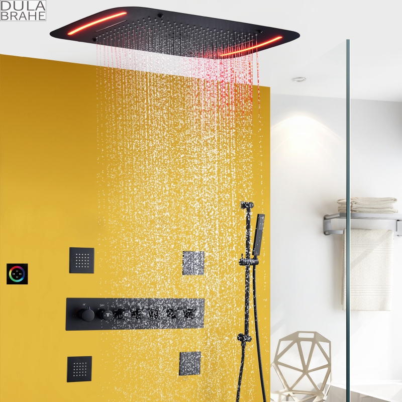 Sistema de chuveiro termostático preto fosco com led, cachoeira escondida, jato portátil, massagem de água de alta pressão