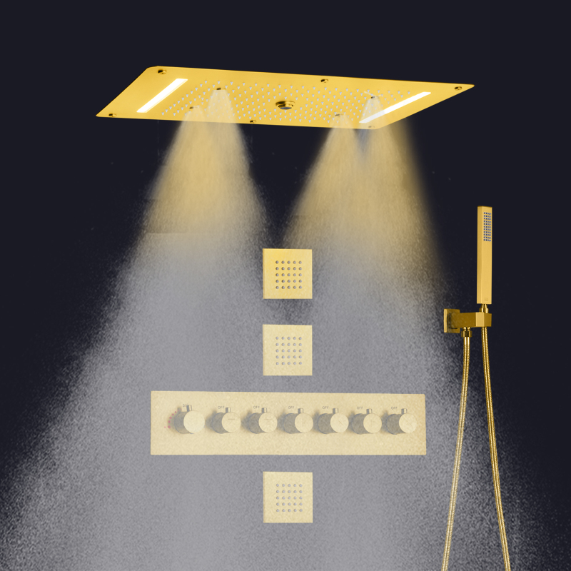 Sistema de chuveiro de chuva termostático de ouro escovado 700X380 MM LED Banheiro Cachoeira Hydro Jet Massage