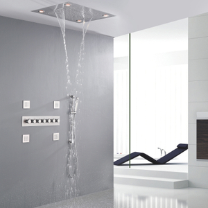 Torneira de chuveiro de níquel escovado LED Conjunto de chuveiro termostático para banheiro com jatos corporais Sistema de chuveiro de chuva