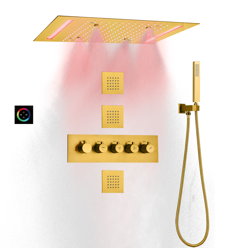 Cabeça de chuveiro de chuva de ouro escovado com sprays de mão termostática banho & chuveiro conjunto 14x20 Polegada teto led torneira do chuveiro superior