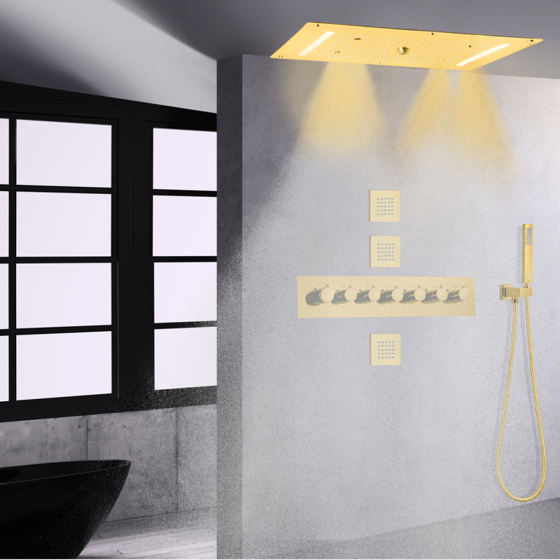 Ouro polido 700x380mm luxuoso led sistema de chuveiro termostático chuvas cachoeira chuveiro misturador mão segurar