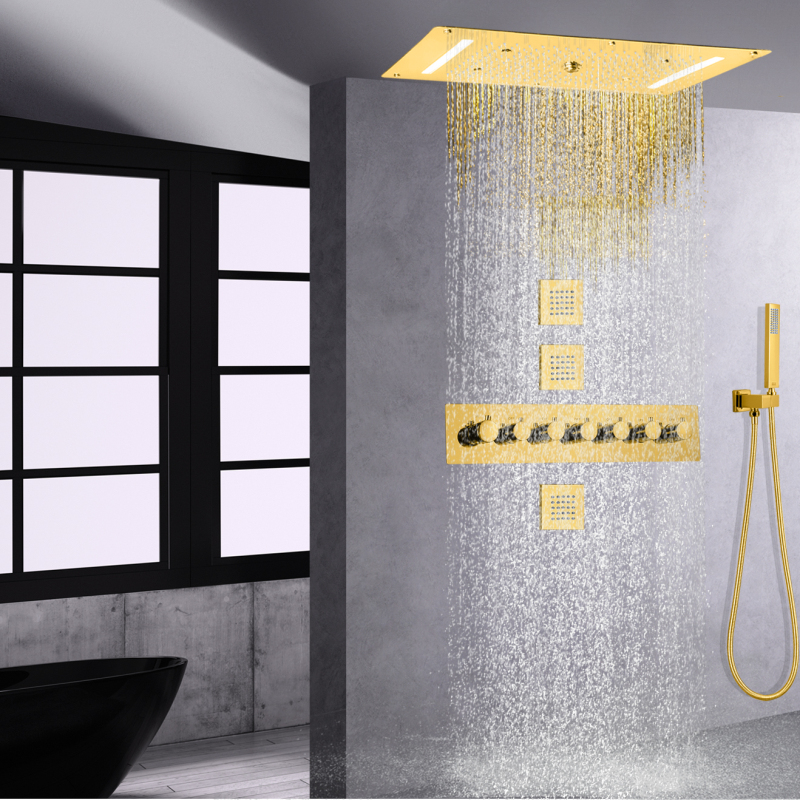 Ouro polido 700x380mm luxuoso led sistema de chuveiro termostático chuvas cachoeira chuveiro misturador mão segurar