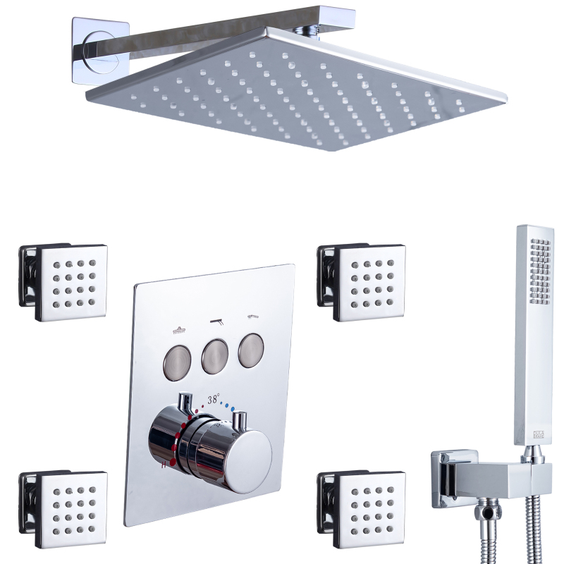 Chuveiro termostático LED Rainfall Shower Mixer montado na parede cromado polido cabeça de chuveiro para banheiro