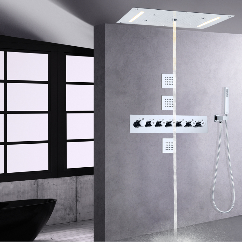 Conjunto de torneira termostática cromada para chuveiro 700X380 MM LED luxuoso banheiro cascata chuva