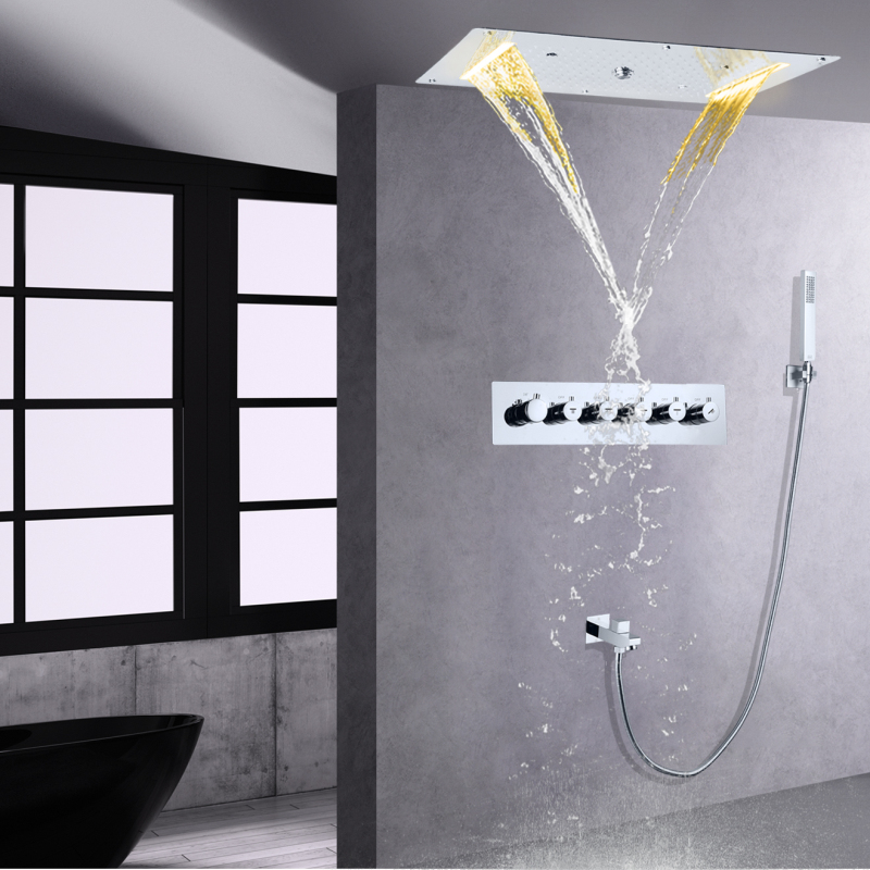 Sistema de chuveiro termostático para banheira, 700x380 mm, cascata, spray, bolha, chuva, led, banho, cabeça de chuveiro com portátil