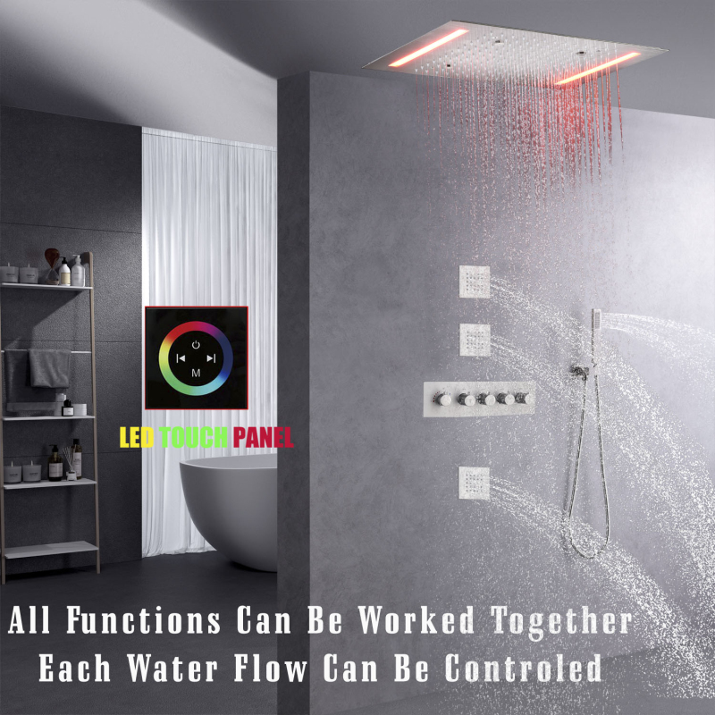 Torneira de chuveiro termostática de níquel escovado 14 x 20 polegadas LED Conjunto de sistema de chuveiro de chuva de luxo para banheiro