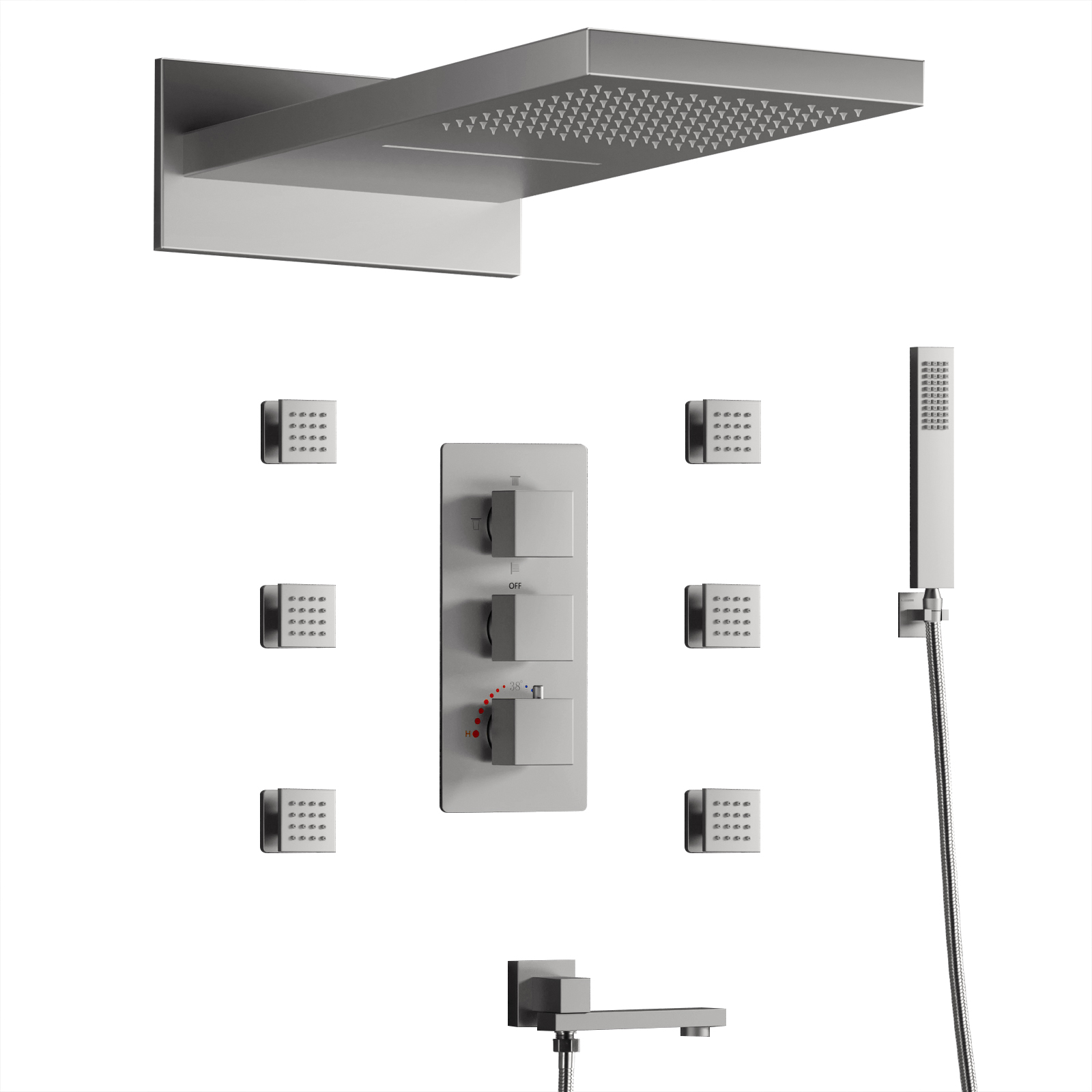 Luxo escovado latão termostática válvula de chuveiro cachoeira floresta tropical massagem spa torneira do chuveiro conjunto