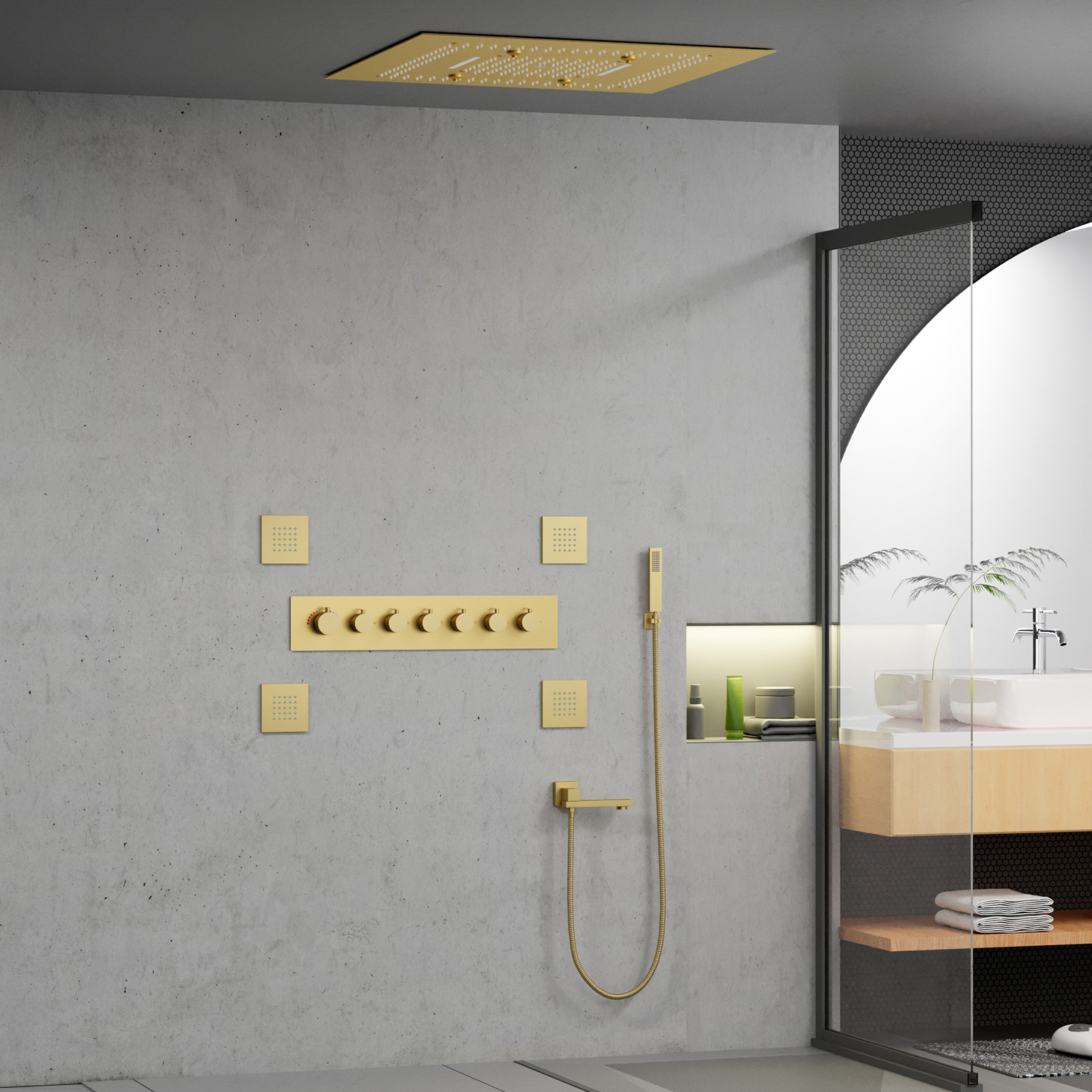 Luxo conjunto de chuveiro do banheiro sistema escovado ouro chuva misturador conjunto cobre 6 função led cabeça chuveiro conjunto