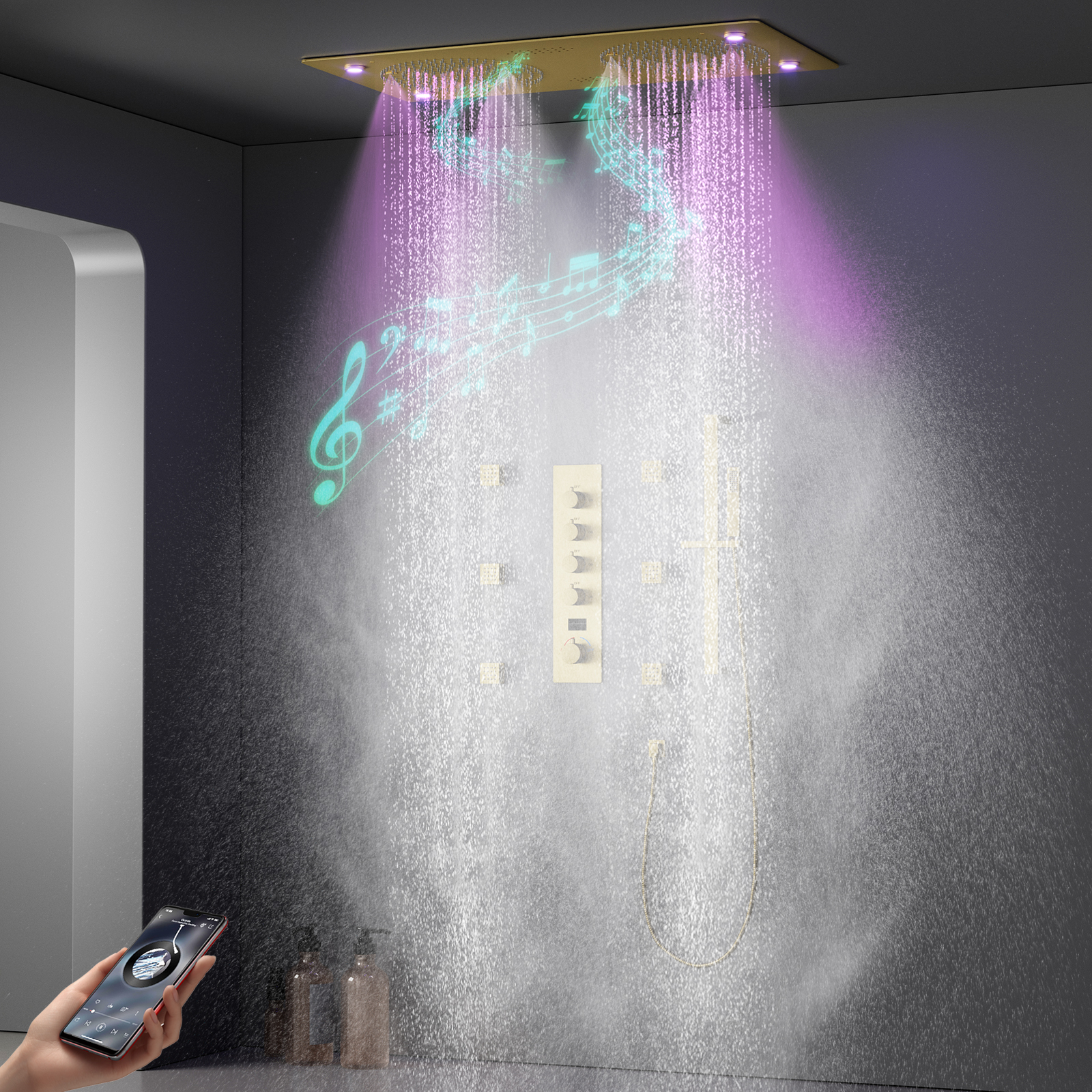 Chuveiro de chuva com spray de teto, chuveiro com música led, conjunto dourado, spray de chuva, massagem, termostato, sistema de chuveiro