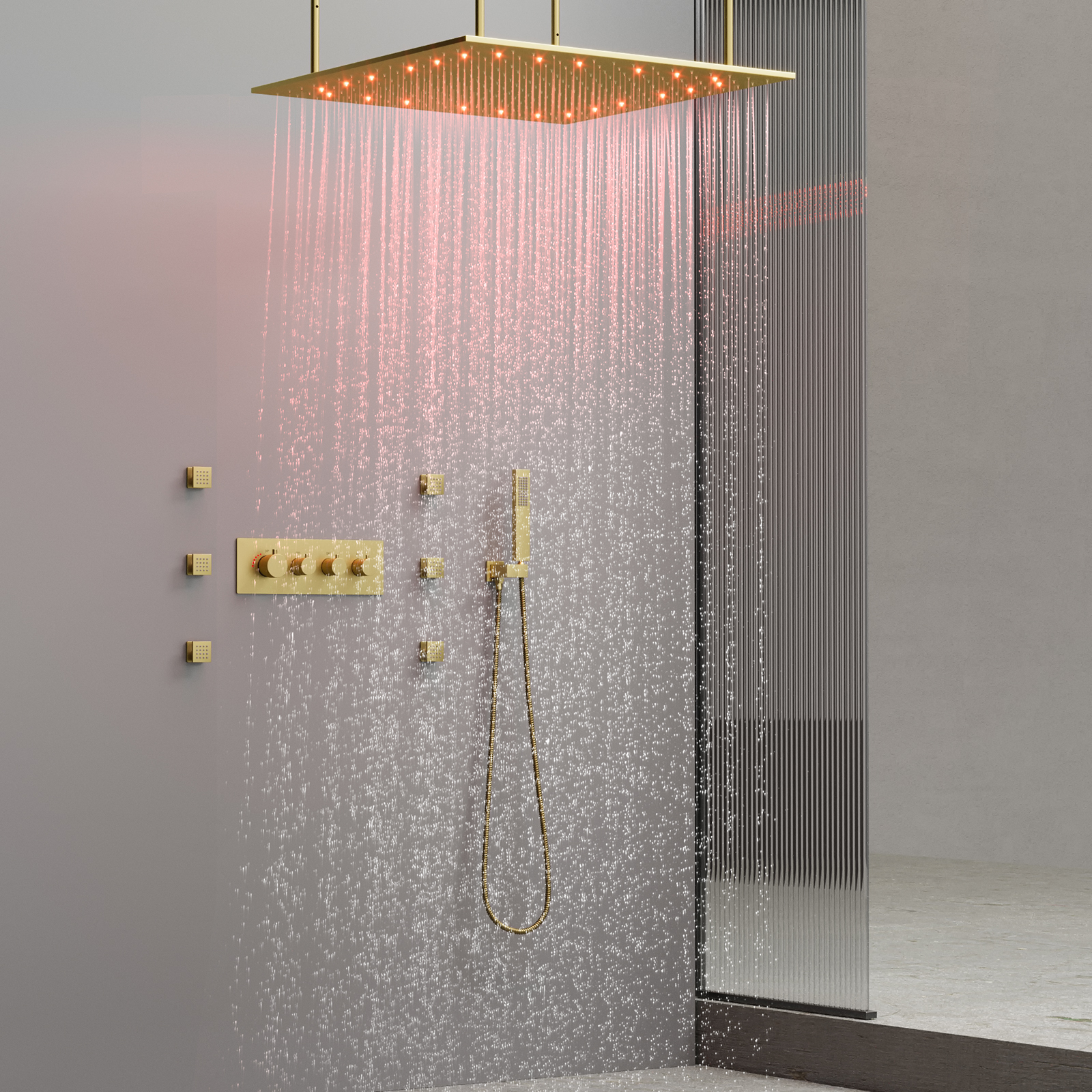 Ouro escovado sistema de chuveiro luxo chuva led cabeça chuveiro teto chuva termostática válvula mistura pulverizador portátil