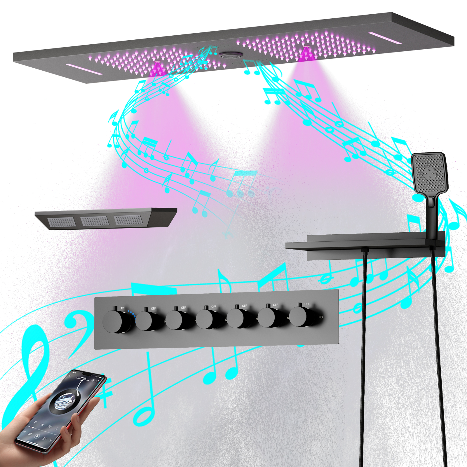 Conjunto de cabeça de chuveiro com pistola quadrada montada no teto, cinza, LED, música, spray de chuva, termostato, torneira com chuveiro lateral