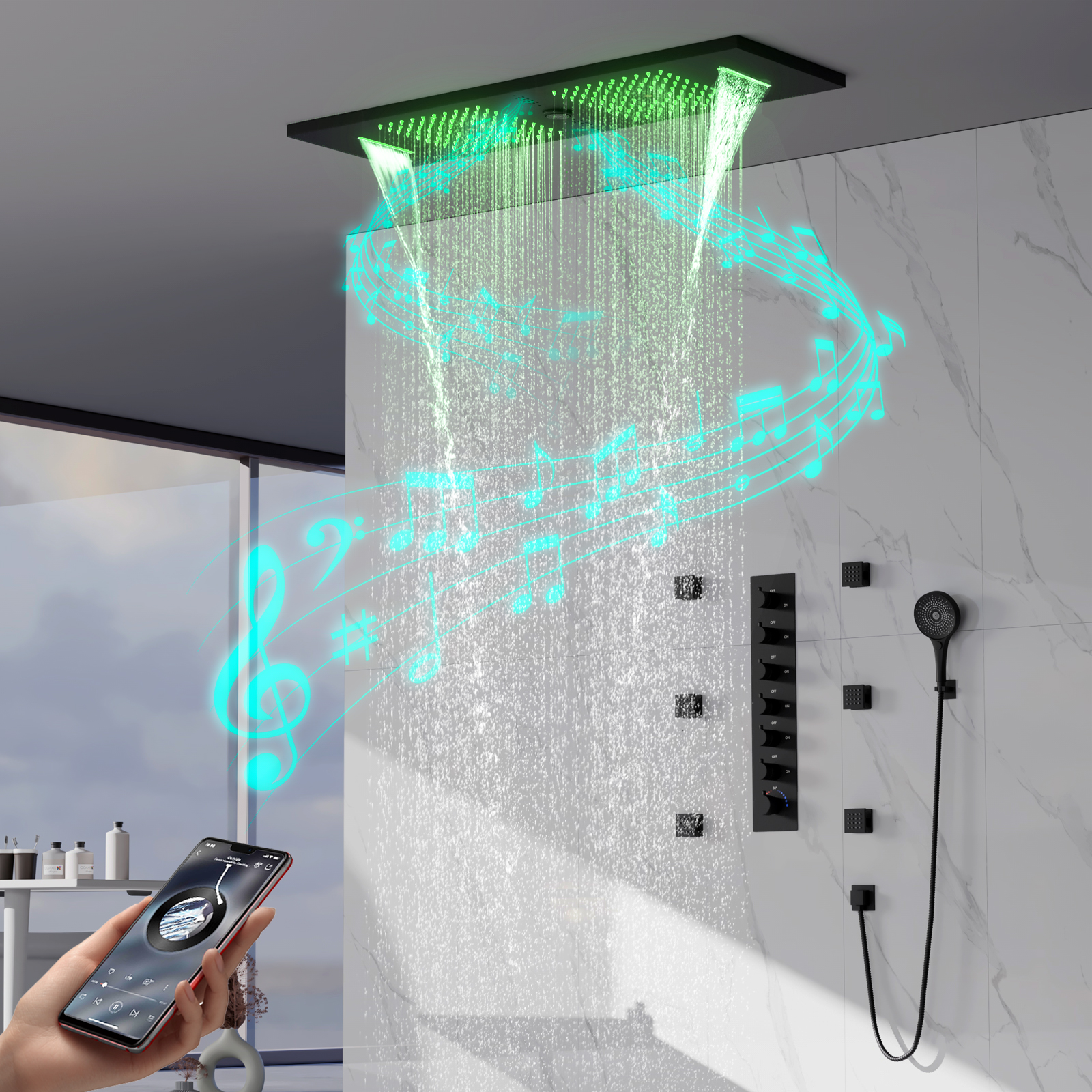 Cabeça de chuveiro moderna led chuva cabeça de chuveiro escondida cabeça de chuveiro do banheiro sistema de chuveiro música