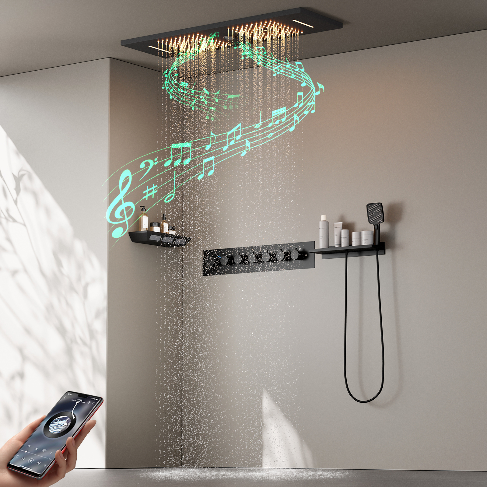 90x30Cm LED Luz Quadrada de Latão Música Chuveiro de Chuva de Alta Pressão Pulverizador Torneira e Válvula de Chuveiro