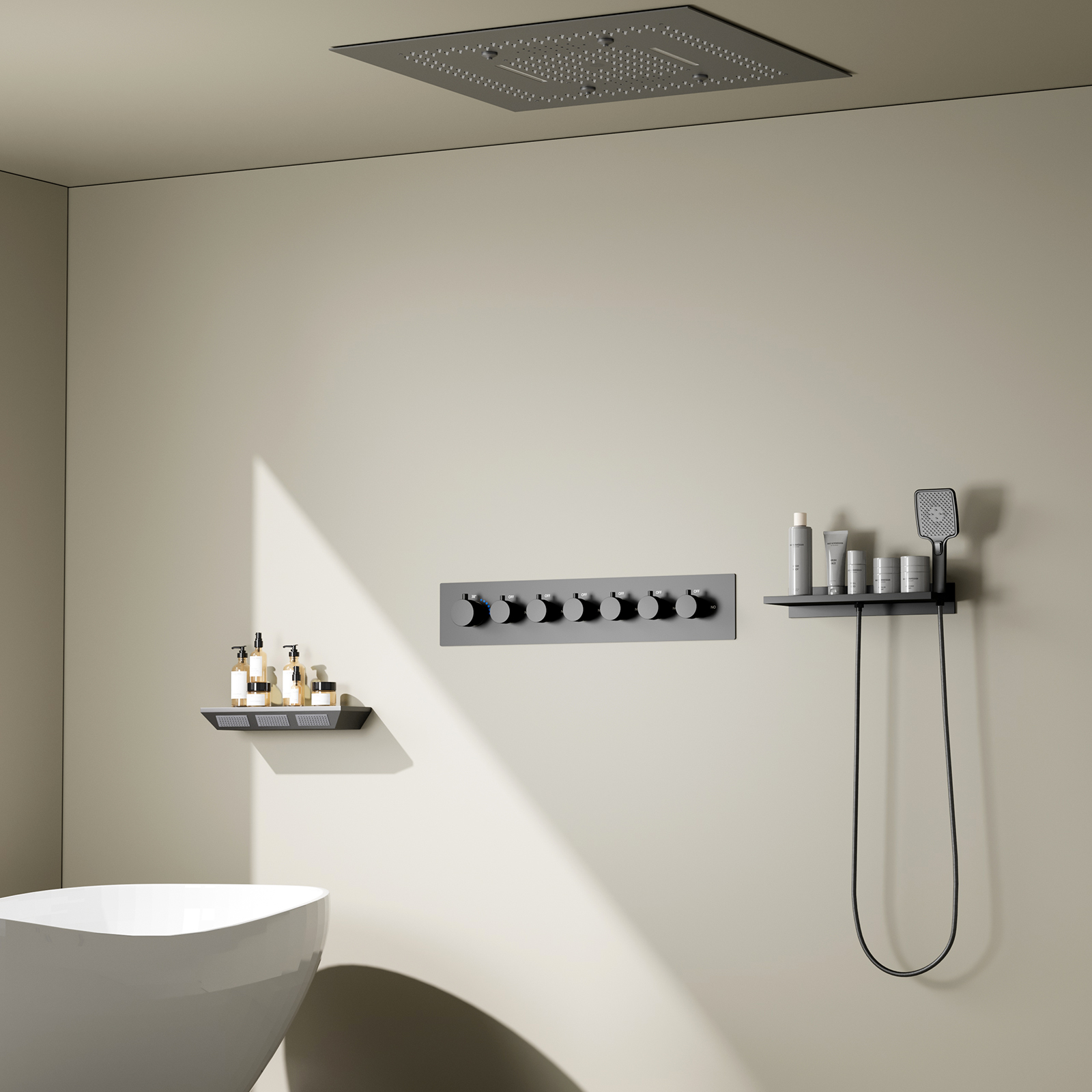 Banheira spa arma cinza led cabeça de chuveiro chuva cachoeira multifuncional recesso teto música chuveiro conjunto