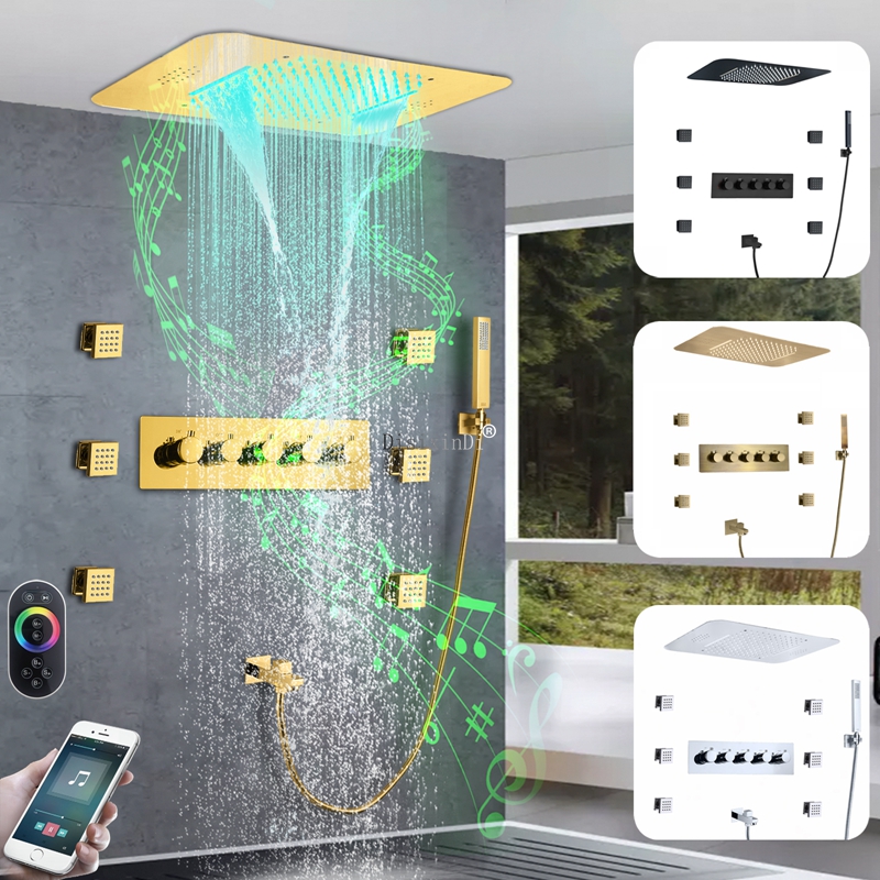 Ti ouro banheiro chuvas cachoeira led termostática torneira do chuveiro com corpo de chuveiro jato e função música cabeça chuveiro