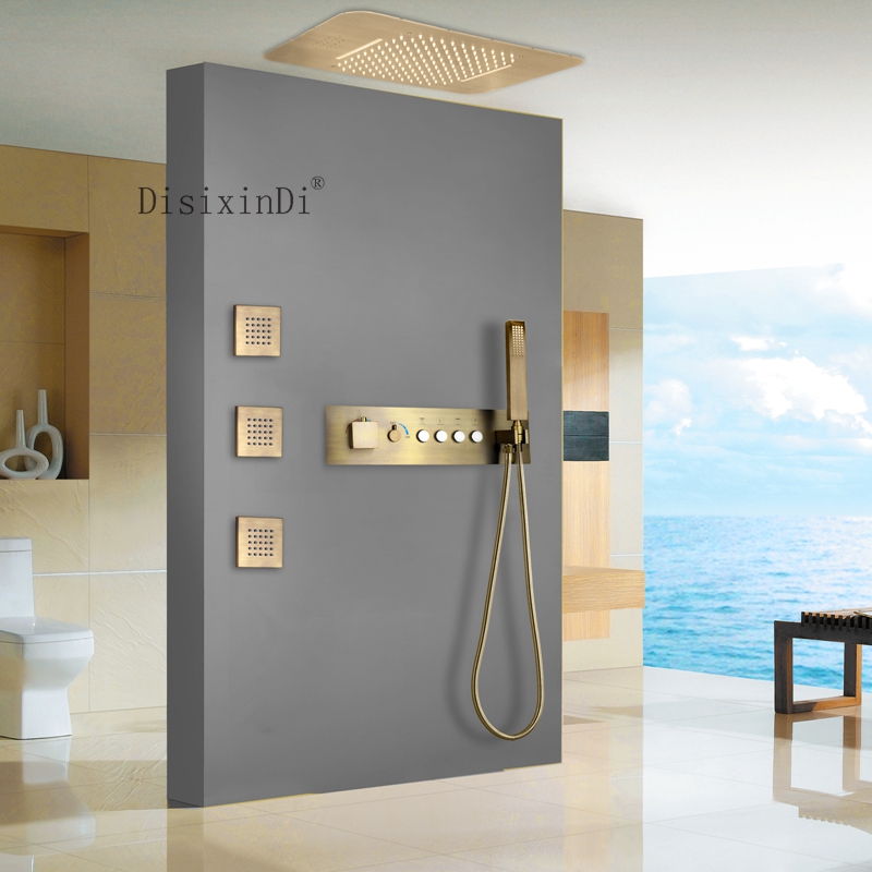 Sistemas de chuveiro luxuosos de latão antigo com música LED 23 * 15 cabeças de chuveiro para banheiro termostática chuva cascata conjunto de torneira de chuveiro