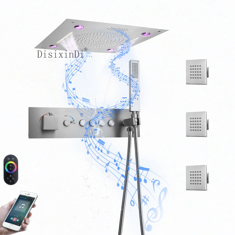 304 aço inoxidável 400*400mm led música cabeça de chuveiro embutido botão termostático corpo principal conjunto torneira do chuveiro do banheiro