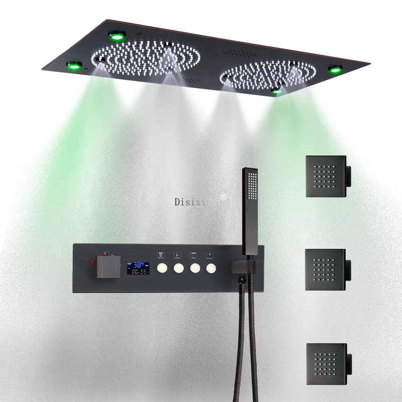 Cabeça de chuveiro led com som musical, 4 funções, display digital, válvula termostática, misturador de chuveiro, conjunto de chuveiro duplo