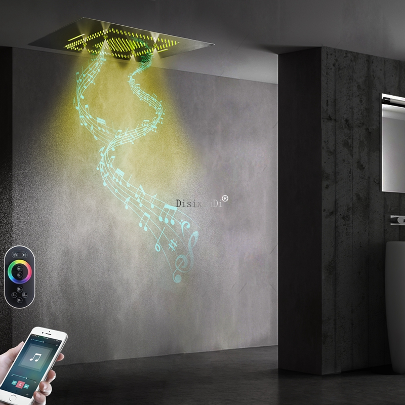 Cabeça de chuveiro musical para banheiro, luzes LED 304 SUS, sistema de chuveiro embutido no teto