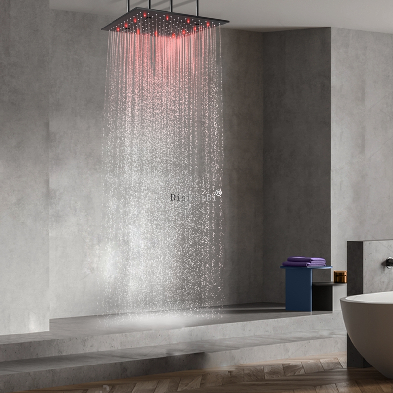 Preto fosco 16 polegadas 304 aço inoxidável LED cabeça de chuveiro banheiro chuva névoa LED mudança de cor cabeça de chuveiro