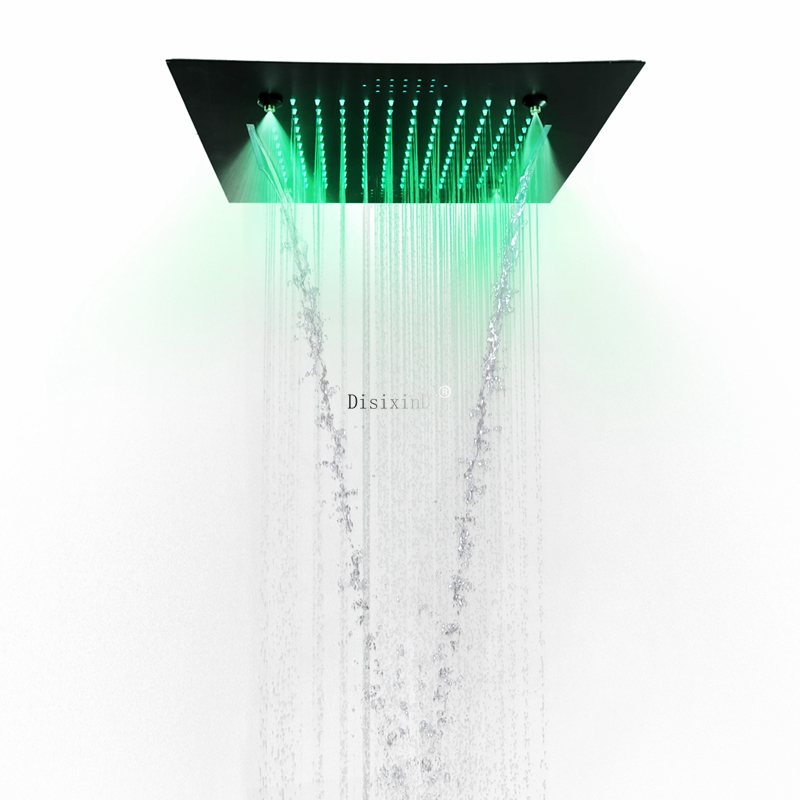 Preto fosco 3 funções 500 * 500mm LED Cabeça de chuveiro para banheiro com alto falante musical Sistema de chuveiro em cascata