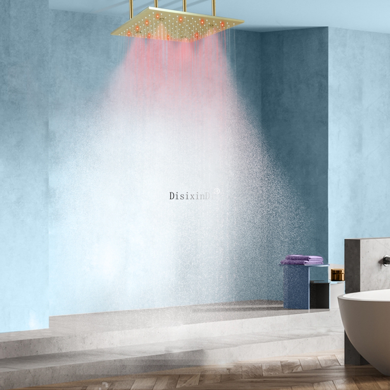 Ouro escovado 400x400mm teto névoa chuva LED cabeça de chuveiro 304 SUS duas funções banheiro torneira de chuveiro embutida