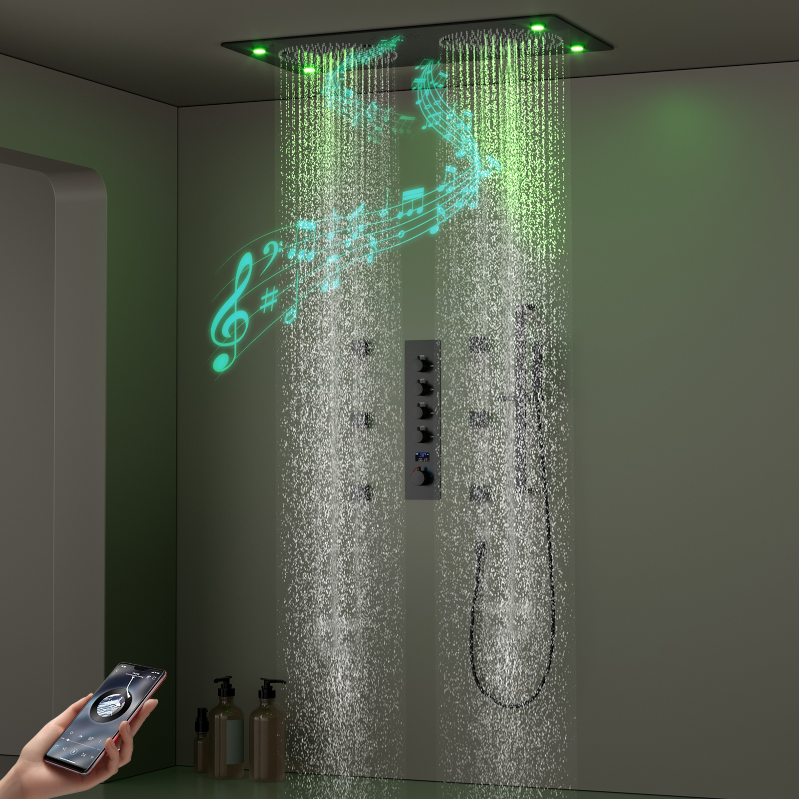 Moderno multifuncional 62x32CM preto banheiro LED chuveiro musical chuveiro de chuva termostático conjunto de chuveiro inteligente