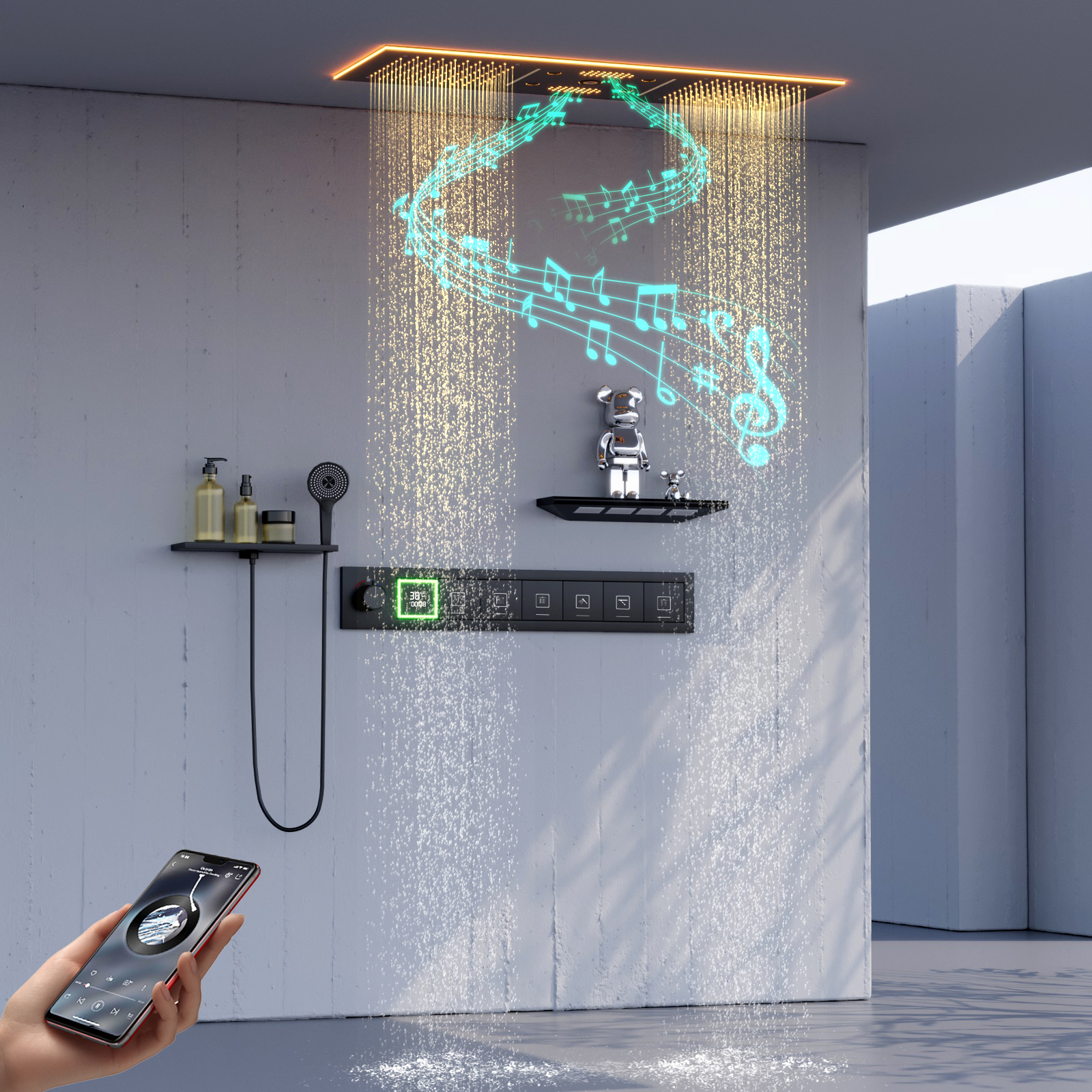 Preto recesso 36*12 Polegada música led cabeça de chuveiro do banheiro temperatura constante chuva cachoeira chuveiro massagem spa