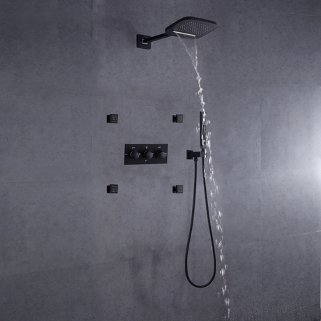 Luxuoso fácil fosco preto chuveiro misturador banheiro sistema de chuva cachoeira fria e quente com chuveiro mão