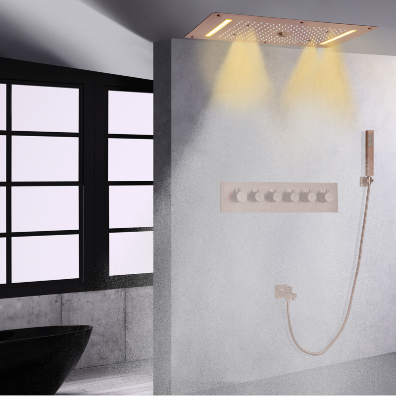 Brown 700X380 MM Banheira termostática Sistema de chuveiro LED Banheiro Cachoeira de chuva com Handh