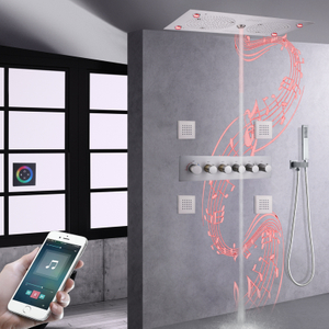 Moderno níquel escovado led banheiro música chuveiro torneira termostática névoa chuva com ducha portátil
