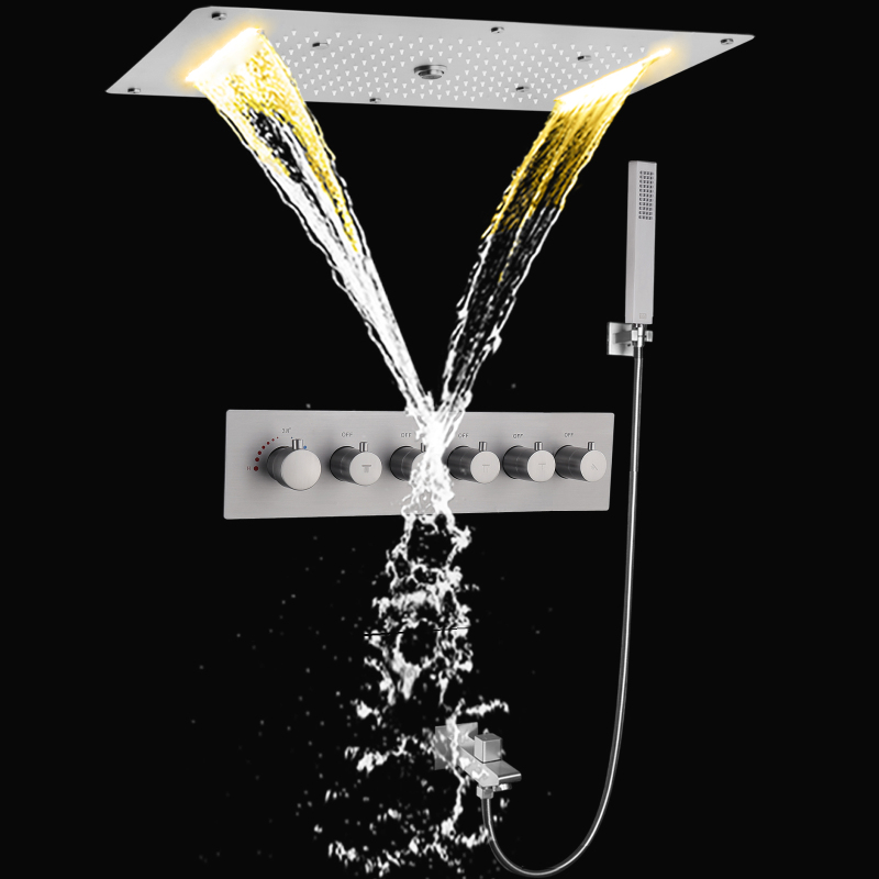 Conjunto de sistema de chuveiro termostático de níquel escovado 700X380 MM LED Banheiro cachoeira spray bolha chuva