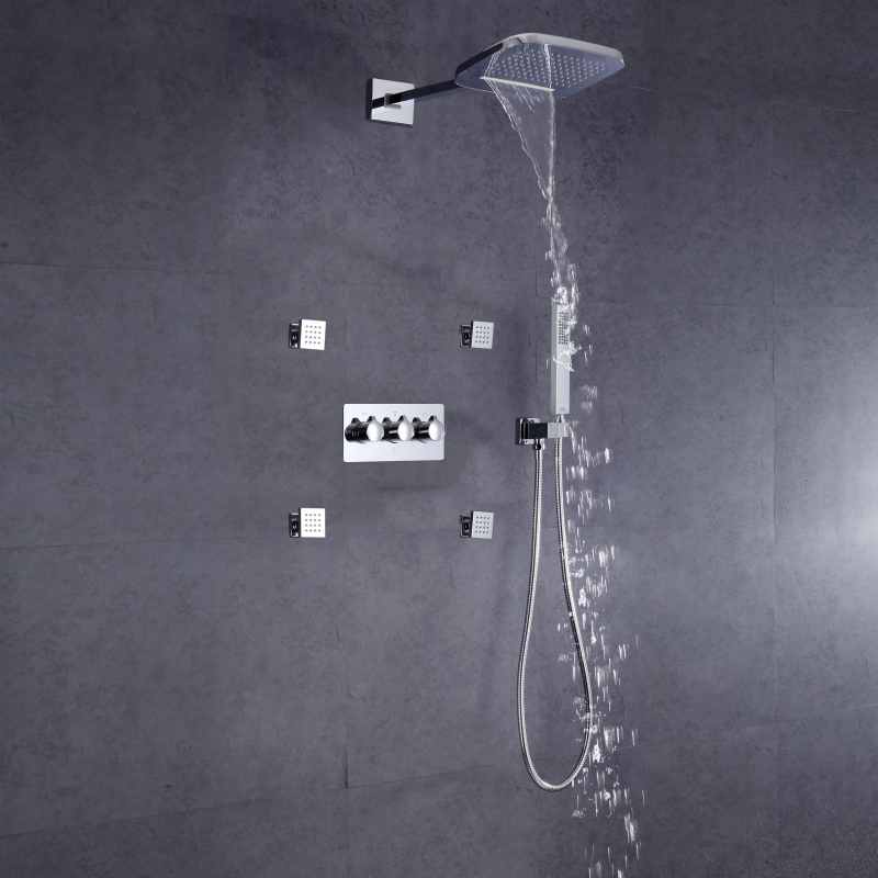 Cabeça de chuveiro polida cromada com spray portátil montado na parede, sistema de chuveiro frio e quente, jato de massagem de latão