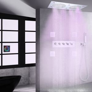 Torneira de chuveiro cromada polida, banheiro, LED, termostática, montagem na parede, névoa de chuva com braço de chuveiro portátil