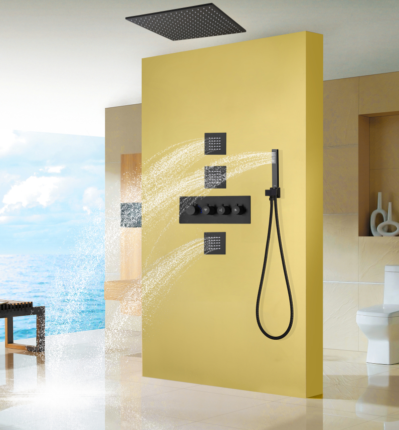 Conjunto misturador de chuveiro preto fosco 16 Polegada led banheiro sistema de chuveiro escondido chuvas termostáticas com bocal à mão