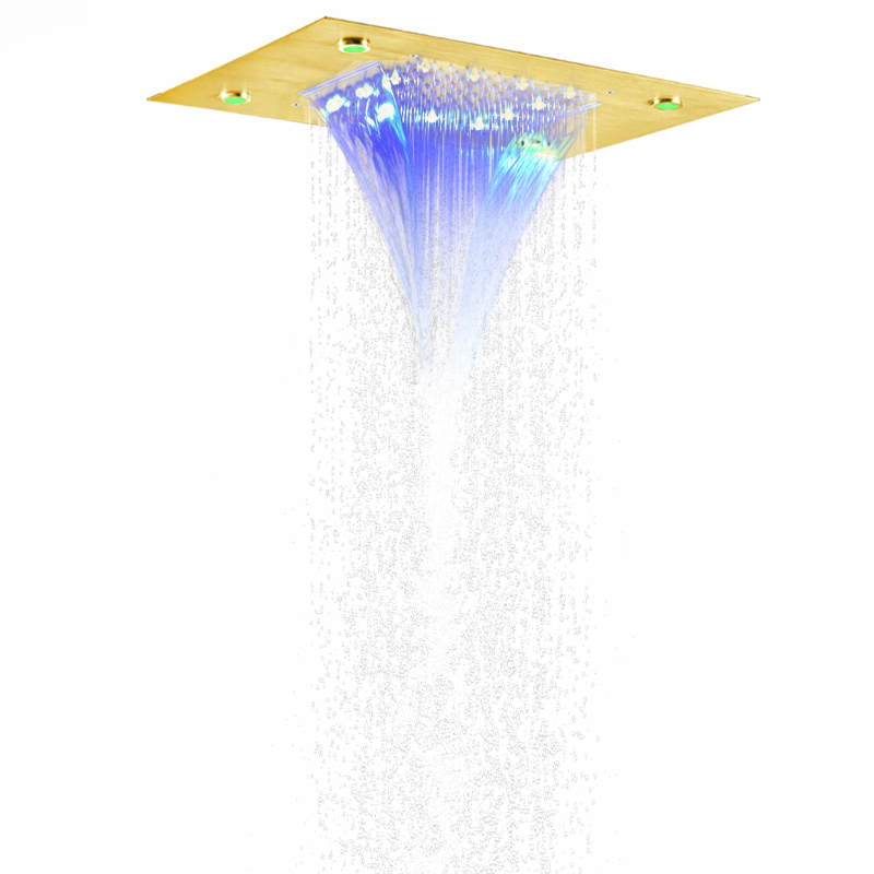 Torneira de chuveiro de ouro escovado 50X36 CM LED 3 mudanças de temperatura de cor Banheiro Bifuncional Cachoeira Chuvas