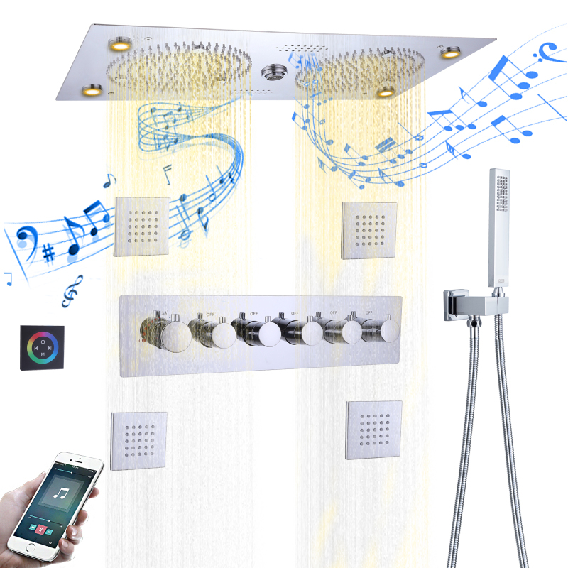 Conjunto de torneira de chuveiro 620*320mm LED termostática banheiro com música apresenta sistema de chuveiro polido cromado com portátil