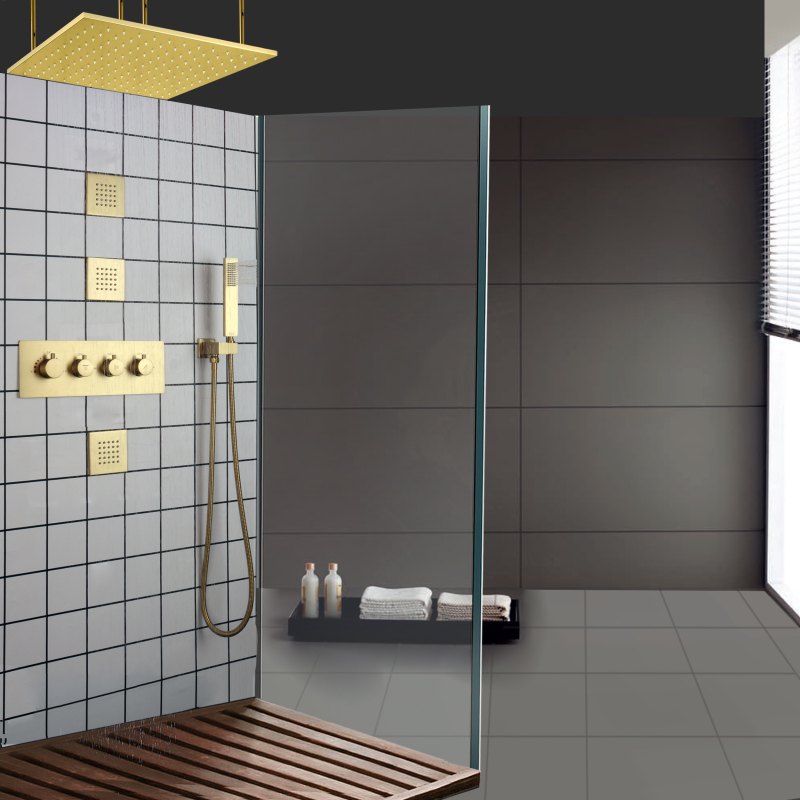 Conjunto de cabeça de chuveiro de chuva de ouro escovado 16 polegadas LED 3 cores que mudam a temperatura do banheiro Conjunto de chuveiros termostáticos