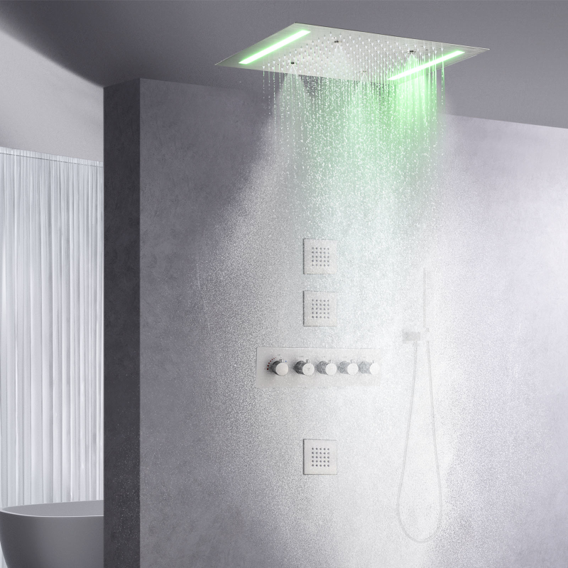 Conjunto de sistema de chuveiro escovado 14 x 20 polegadas LED controle termostático banheiro chuveiro de névoa