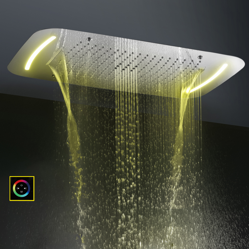 Torneiras de chuveiro cromadas 71x43 cm, polidas com painel de controle de led, chuveiro de massagem, cascata, atomização, bolha de chuva