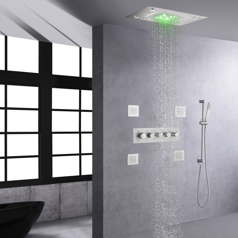 Conjunto de chuveiro de banho de níquel escovado, led termostático, sistema de chuveiro de parede, 14x20 cabeças, cascata e chuveiro de chuva