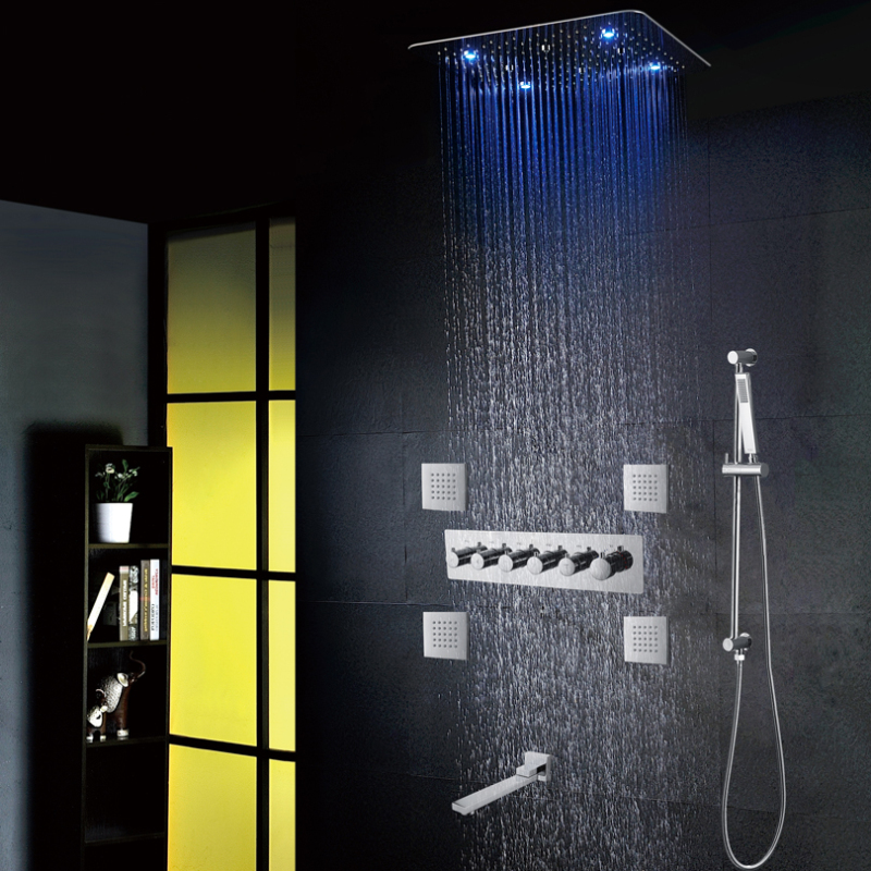 Misturador de chuveiro termostático cromado polido 500X500 MM LED torneira de banheiro chuveiro spa com cabeça de chuveiro hidrojato