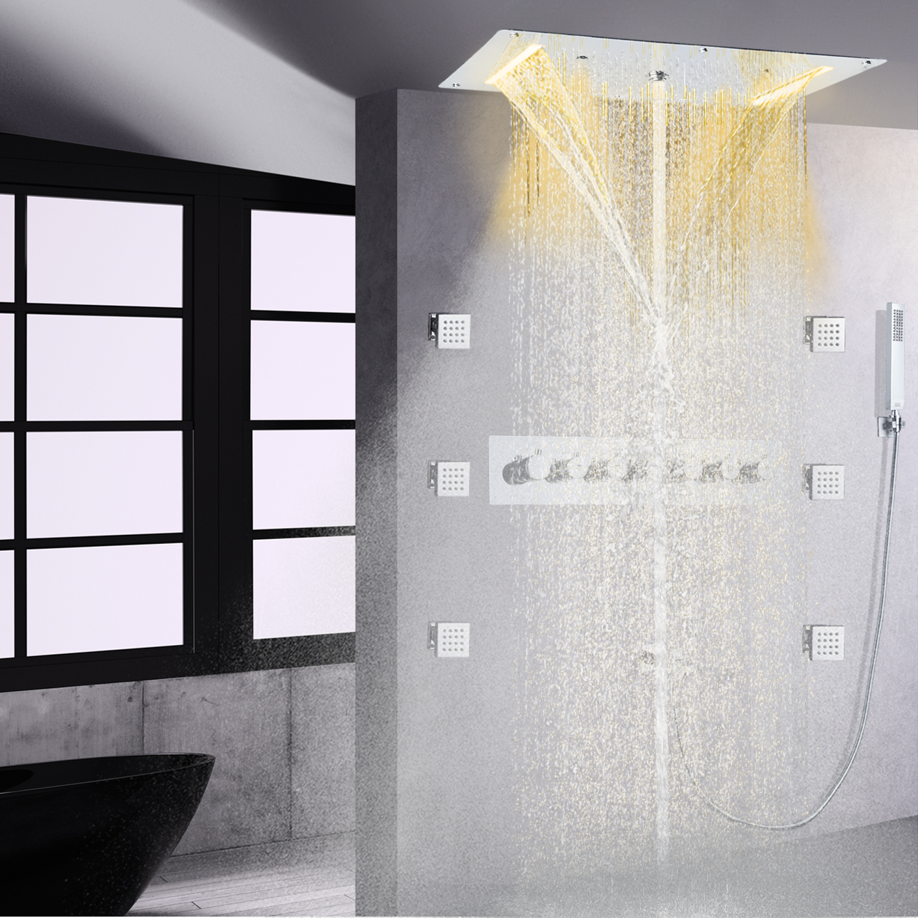 Conjunto de torneira de chuveiro termostática polida cromada LED de alto fluxo para teto de banheiro cascata de chuva